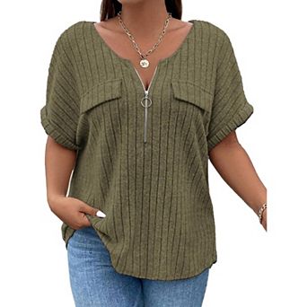 Womens Plus Size Short Sleeve Zipper V Neck Tops Solid Color Tunic Shirts Summer