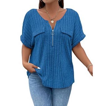 Womens Plus Size Short Sleeve Zipper V Neck Tops Solid Color Tunic Shirts Summer