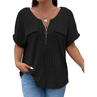 Womens Plus Size Short Sleeve Zipper V Neck Tops Solid Color Tunic Shirts Summer