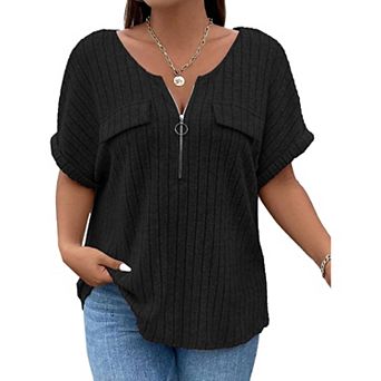 Womens Plus Size Short Sleeve Zipper V Neck Tops Solid Color Tunic Shirts Summer
