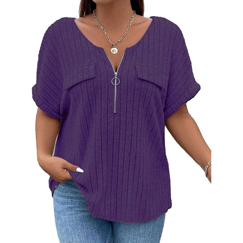 Womens Plus Size Short Sleeve Zipper V Neck Tops Solid Color Tunic ...