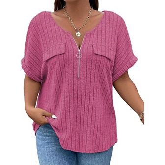 Womens Plus Size Short Sleeve Zipper V Neck Tops Solid Color Tunic Shirts Summer
