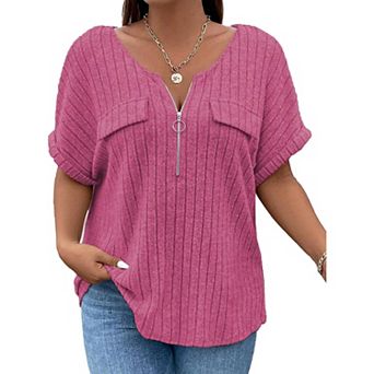 Womens Plus Size Short Sleeve Zipper V Neck Tops Solid Color Tunic Shirts Summer