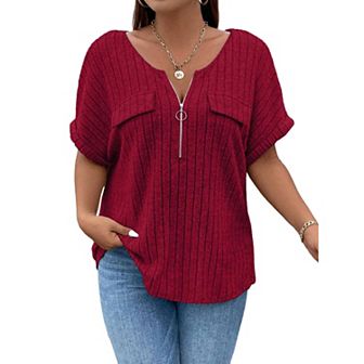 Womens Plus Size Short Sleeve Zipper V Neck Tops Solid Color Tunic Shirts Summer