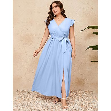 Women Plus Size Wrap V Neck Maxi Dress Sleeveless High Waist Side Split Summer Dress with Belt