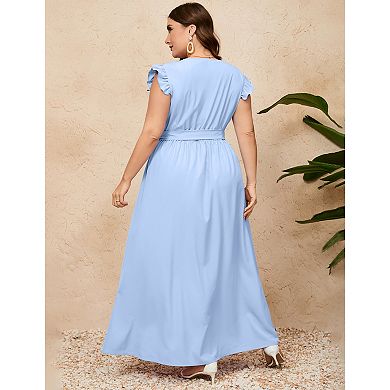 Women Plus Size Wrap V Neck Maxi Dress Sleeveless High Waist Side Split Summer Dress with Belt