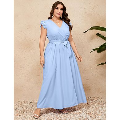 Women Plus Size Wrap V Neck Maxi Dress Sleeveless High Waist Side Split Summer Dress with Belt
