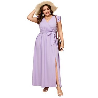 Women Plus Size Wrap V Neck Maxi Dress Sleeveless High Waist Side Split Summer Dress with Belt