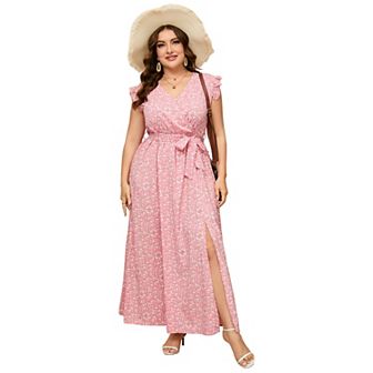 Women Plus Size Wrap V Neck Maxi Dress Sleeveless High Waist Side Split Summer Dress with Belt