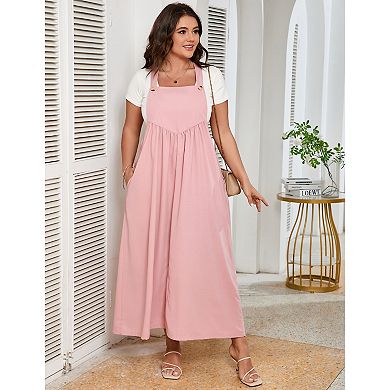 Women's Plus Size Sleeveless Jumpsuits Adjustable Spaghetti Strap Stretchy Long Straight Overalls