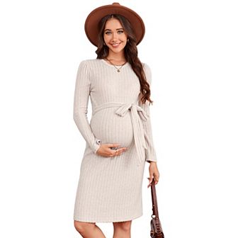 Maternity Sweater Dress Square Neck Lantern Long Sleeve Ribbed Knit Baby Shower Dress