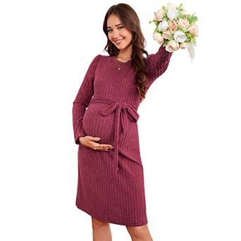 Maternity Sweater Dress Square Neck Lantern Long Sleeve Ribbed Knit Baby Shower Dress