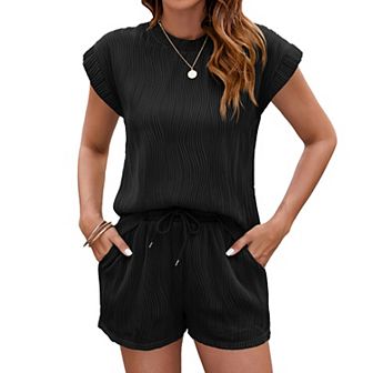 Womens 2 pc Lounge Sets Short Sleeve Tops and Shorts Travel Outfits Pajama Set with Pockets