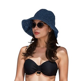 Women's Crochet Raffia Sun Hat with Wide Brim and Bow Detail Foldable Summer Beach Hat