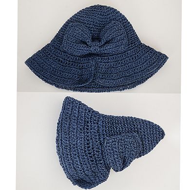 Women's Crochet Raffia Sun Hat with Wide Brim and Bow Detail Foldable Summer Beach Hat