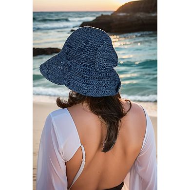 Women's Crochet Raffia Sun Hat with Wide Brim and Bow Detail Foldable Summer Beach Hat