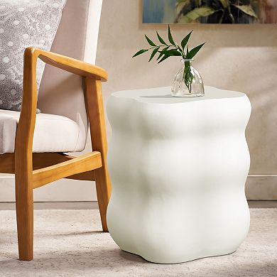 LuxenHome White MgO Modern Curves Square 18.5-Inch Tall Side Table, Indoor and Outdoor
