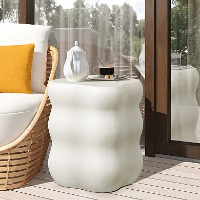 LuxenHome White MgO Modern Curves Square 18.5-Inch Tall Side Table, Indoor and Outdoor