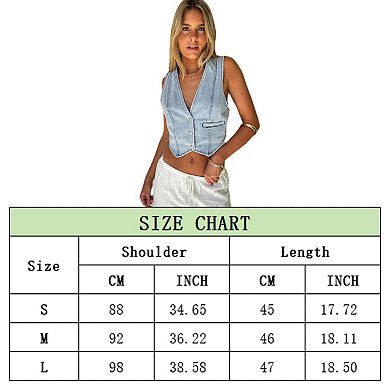 Women Jean Vests Crop Denim Top Button Down Waistcoat Tank Tops Casual Sleeveless Jacket