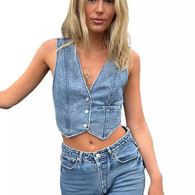 Women Jean Vests Crop Denim Top Button Down Waistcoat Tank Tops Casual Sleeveless Jacket