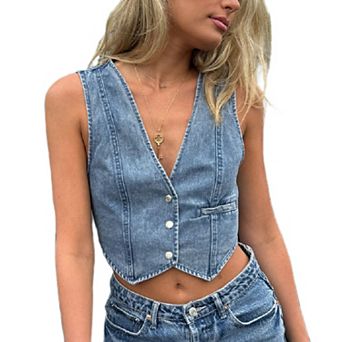 Women Jean Vests Crop Denim Top Button Down Waistcoat Tank Tops Casual Sleeveless Jacket