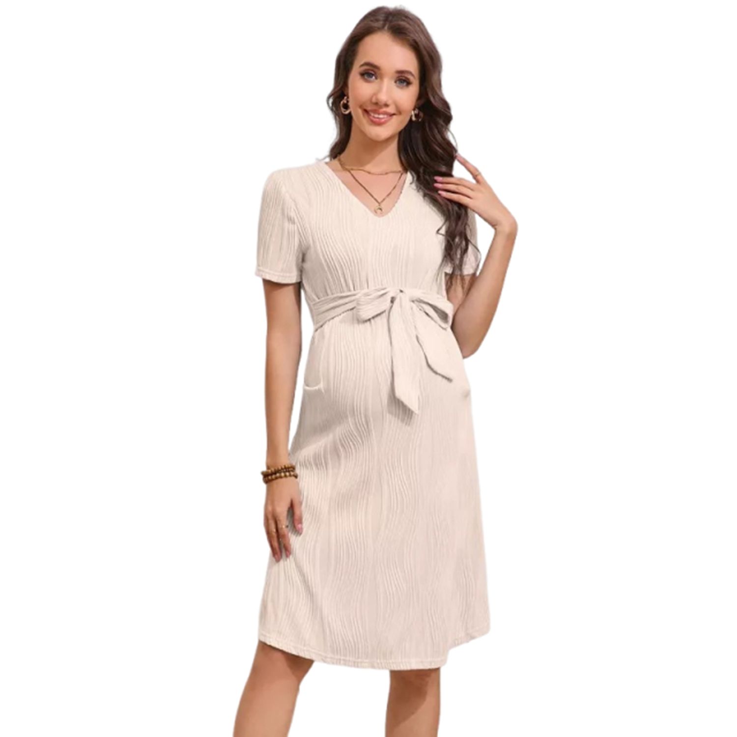 Женские платья Women Maternity Dress Short Sleeve V Neck Breastfeeding Ribbed Knit Belt Pregnancy Dresses