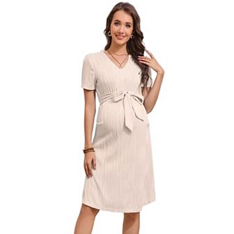 Women Maternity Dress Short Sleeve V Neck Breastfeeding Ribbed Knit Belt Pregnancy Dresses