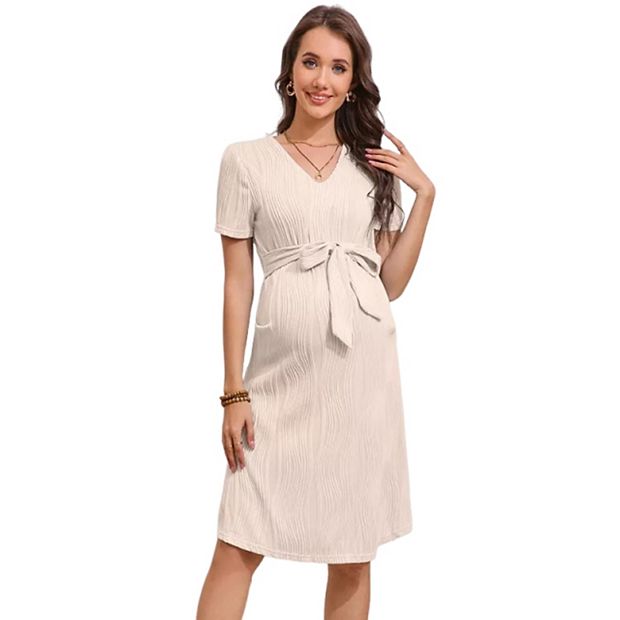 Women Maternity Dress Short Sleeve V Neck Breastfeeding Ribbed Knit Belt Pregnancy  Dresses