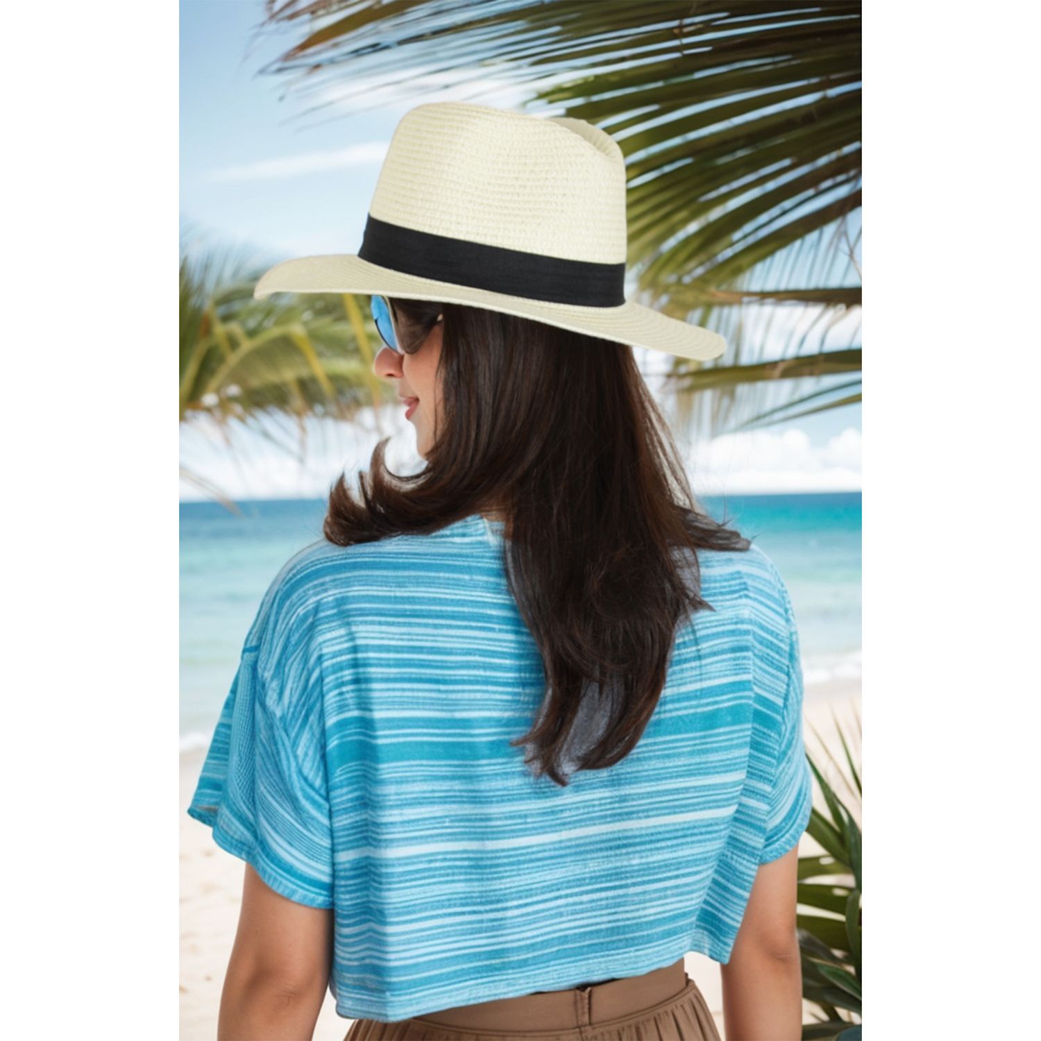 Women's Wide Brim Straw Sun Hat - UPF 50+, Foldable, Adjustable (Fits 22-23" Head), For Beach & Summer
