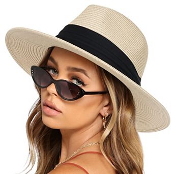 Women's Wide Brim Straw Fedora Sun Hat with Band Lightweight Packable Panama Hat for UV Protection