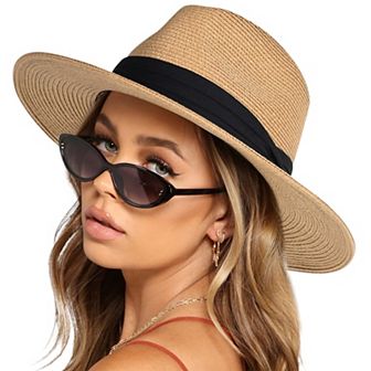 Women's Wide Brim Straw Fedora Sun Hat with Band Lightweight Packable Panama Hat for UV Protection