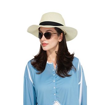 Women's Wide Brim Straw Fedora Sun Hat with Band Lightweight Packable Panama Hat for UV Protection