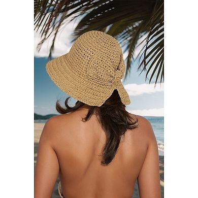 Women's Crochet Raffia Sun Hat with Wide Brim and Bow Detail Foldable Summer Beach Hat