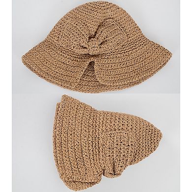 Women's Crochet Raffia Sun Hat with Wide Brim and Bow Detail Foldable Summer Beach Hat