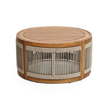 LuxenHome Outdoor Acacia Wood Rope Sides Round Drum Coffee Table