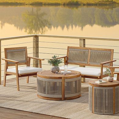LuxenHome Outdoor Acacia Wood Rope Sides Round Drum Coffee Table