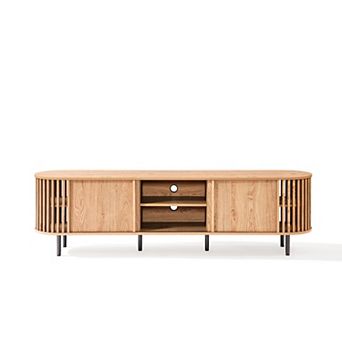 LuxenHome Light Oak Finish Engineered Wood 2-Door and Open Storage 71-Inch Wide TV Console