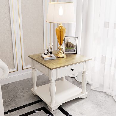 Serwall European-Style Solid Wood Side Table with Drawer & Bottom Shelf