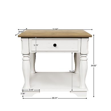 Serwall European-Style Solid Wood Side Table with Drawer & Bottom Shelf