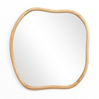 LuxenHome Natural Pine Wood Frame Square Irregular Wall Mirror, Accent and Vanity