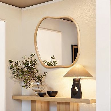 LuxenHome Natural Pine Wood Frame Square Irregular Wall Mirror, Accent and Vanity