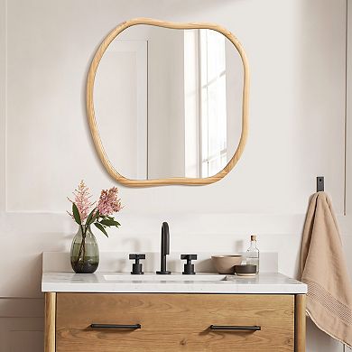 LuxenHome Natural Pine Wood Frame Square Irregular Wall Mirror, Accent and Vanity