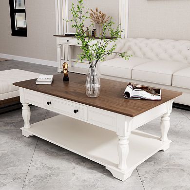 Solid Wood European Style Coffee Table with Drawer and Storage Shelf