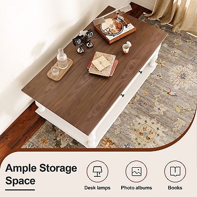Solid Wood European Style Coffee Table with Drawer and Storage Shelf