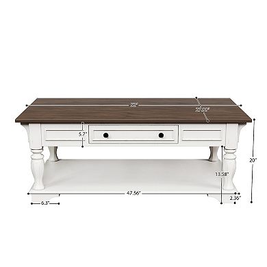 Solid Wood European Style Coffee Table with Drawer and Storage Shelf