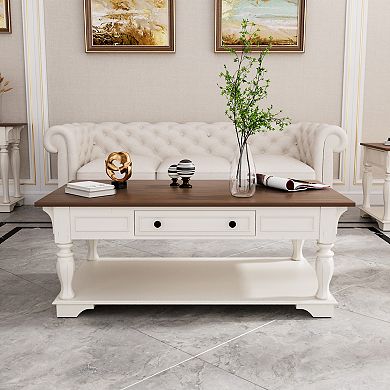 Solid Wood European Style Coffee Table with Drawer and Storage Shelf