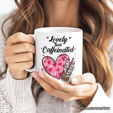 Lovely And Caffeinated Mug, Valentine Heart Coquette Bow Coffee Lover Gift