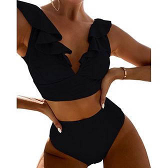 Women 2 pc Bikini Ruffle Flounce High Waist Lace Up V Neck Dual Shoulder Straps Swimsuit