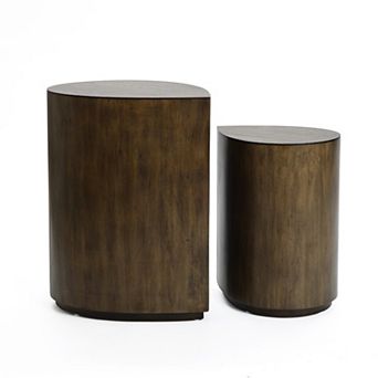 LuxenHome 2 pc Teardrop Drum Wood Side Tables Set in Walnut Finish