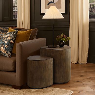 LuxenHome 2-Piece Teardrop Drum Wood Side Tables Set in Walnut Finish